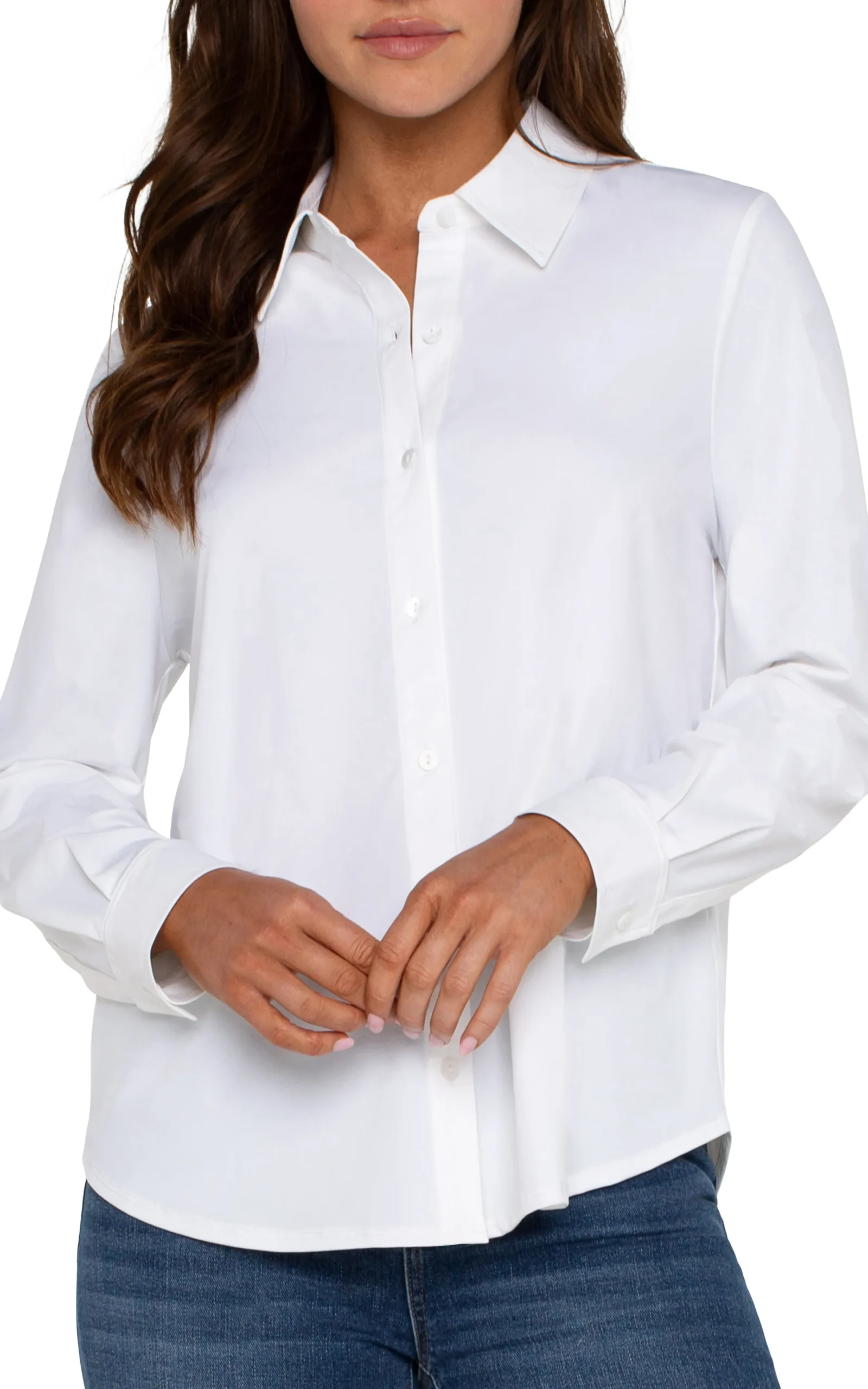 Liverpool Los Angeles Tops-LONG SLEEVE BUTTON FRONT KNIT SHIRT White