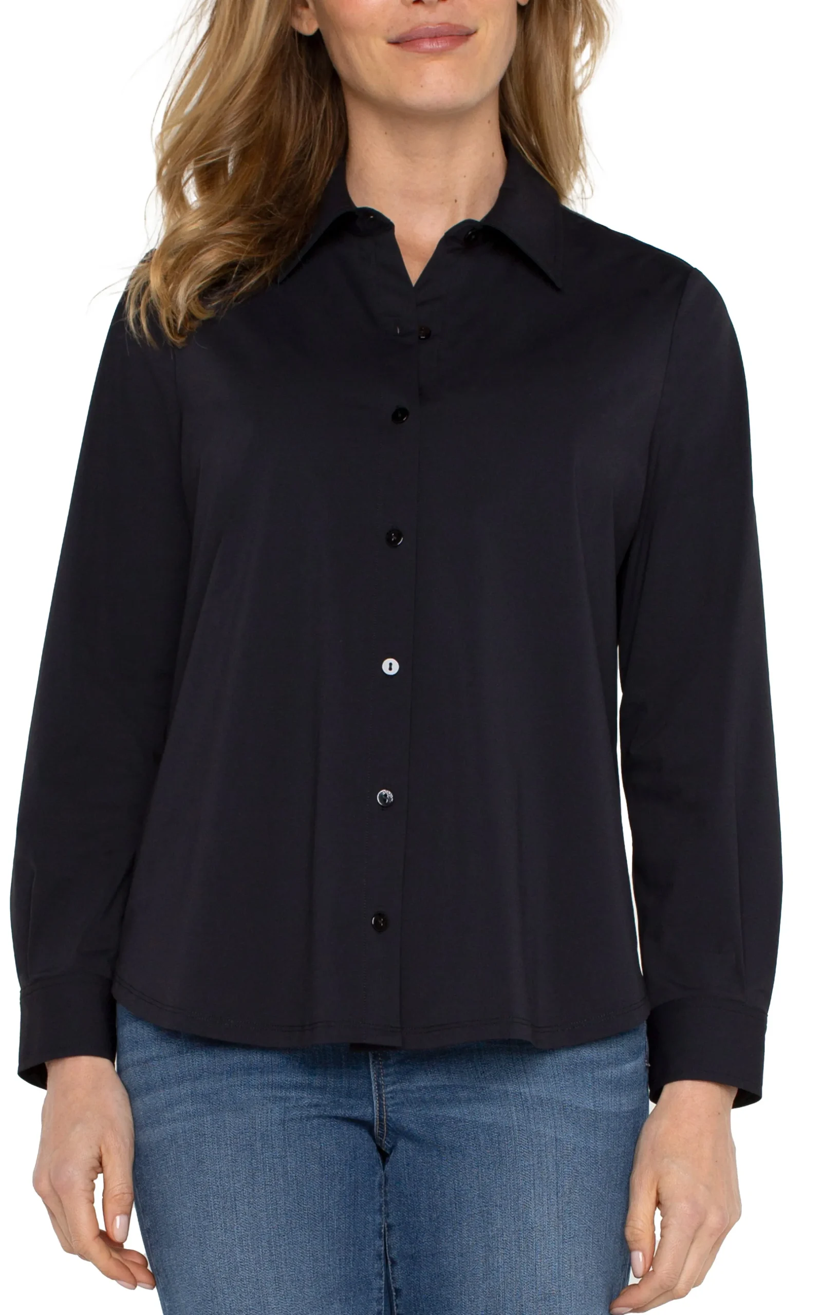 Liverpool Los Angeles Tops-LONG SLEEVE BUTTON FRONT KNIT SHIRT Black