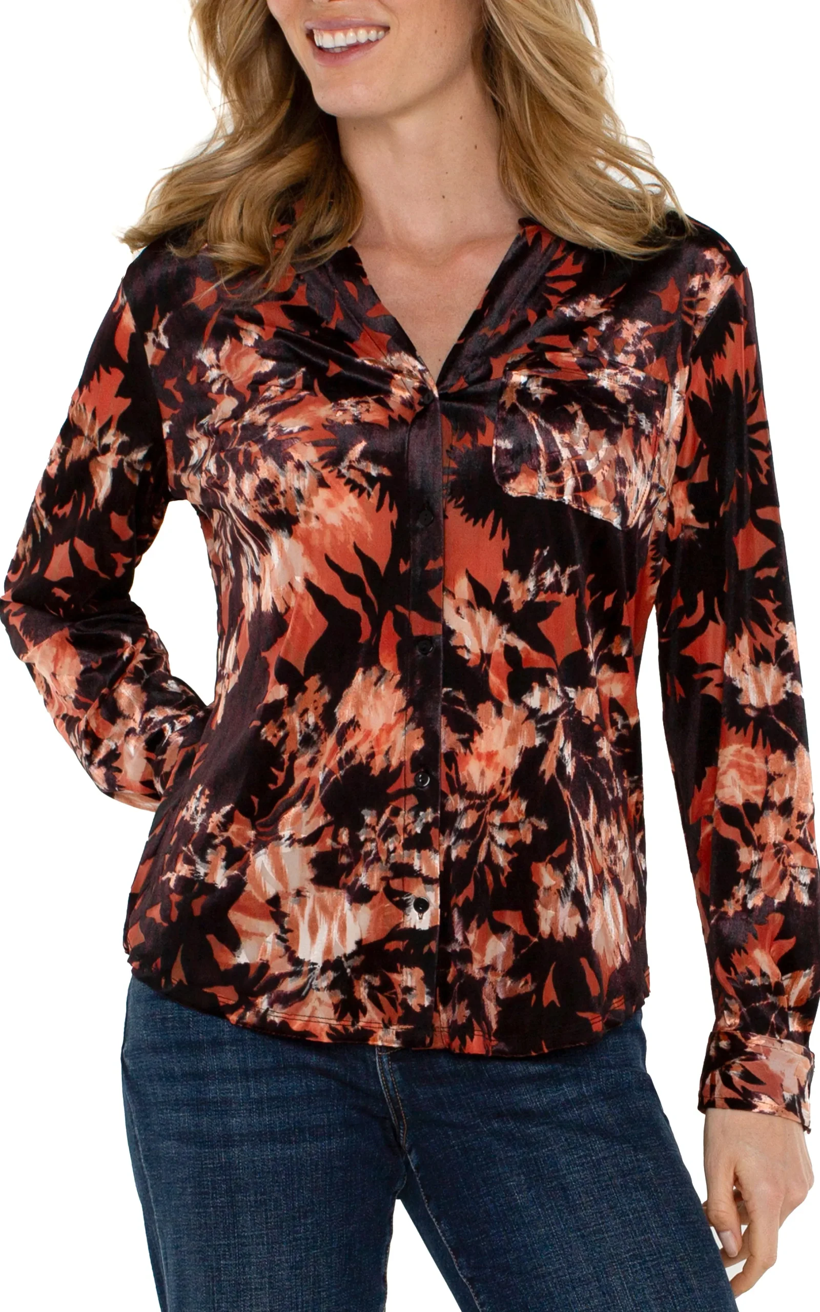 Liverpool Los Angeles Tops-LONG SLEEVE BUTTON FRONT KNIT SHIRT Fireopalburntout