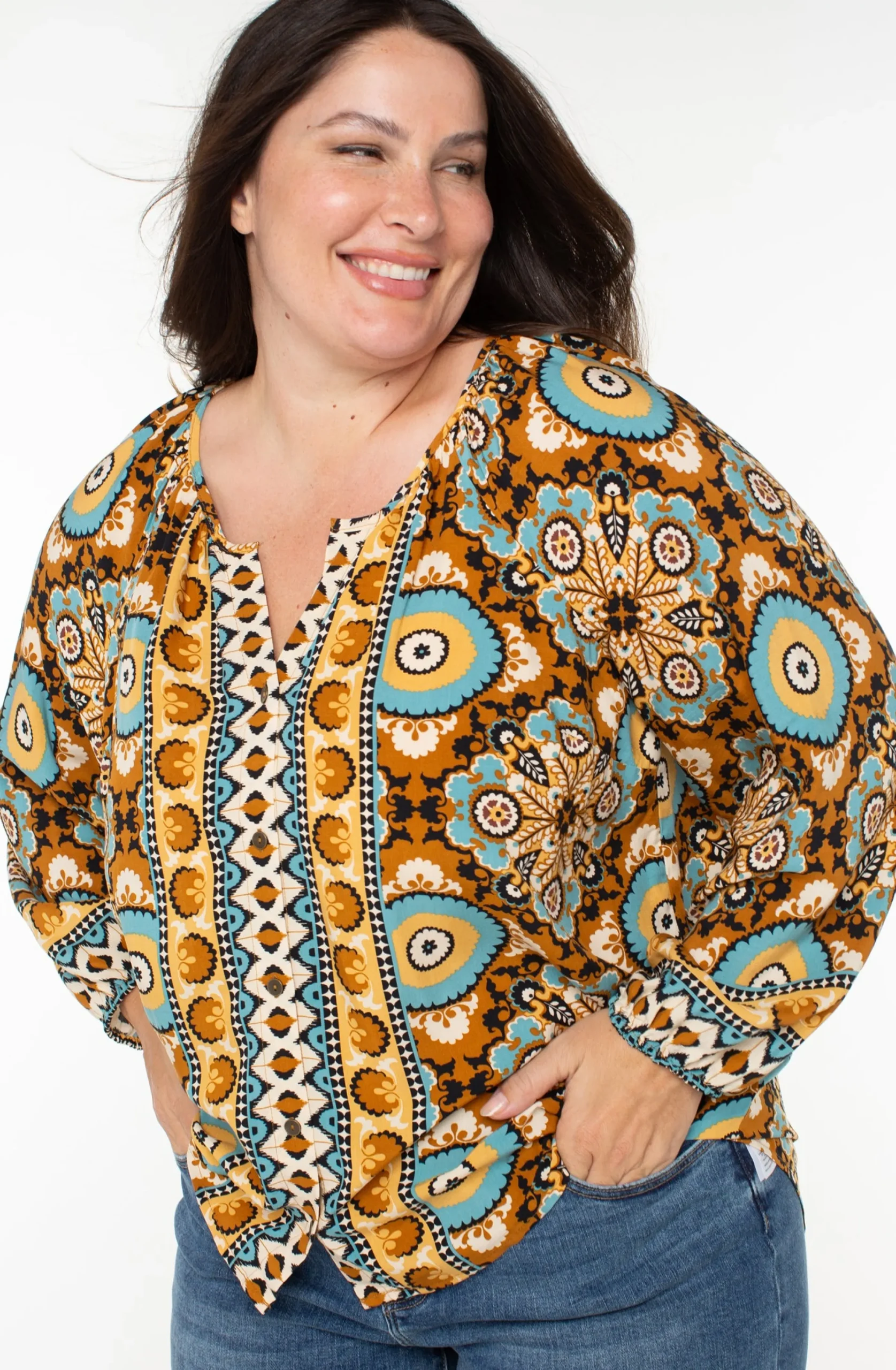 Liverpool Los Angeles Tops-LONG SLEEVE BUTTON FRONT WOVEN BLOUSE Oceanjaspermulti