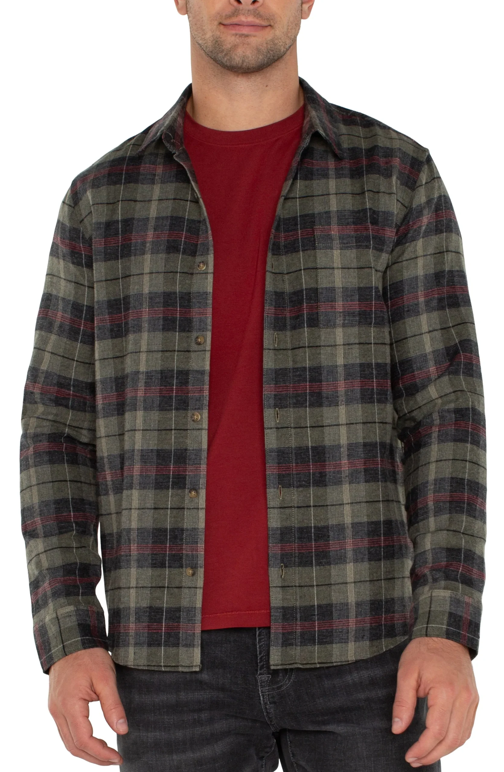 Liverpool Los Angeles Shirts-LONG SLEEVE BUTTON UP SHIRT Oliveblackmulti
