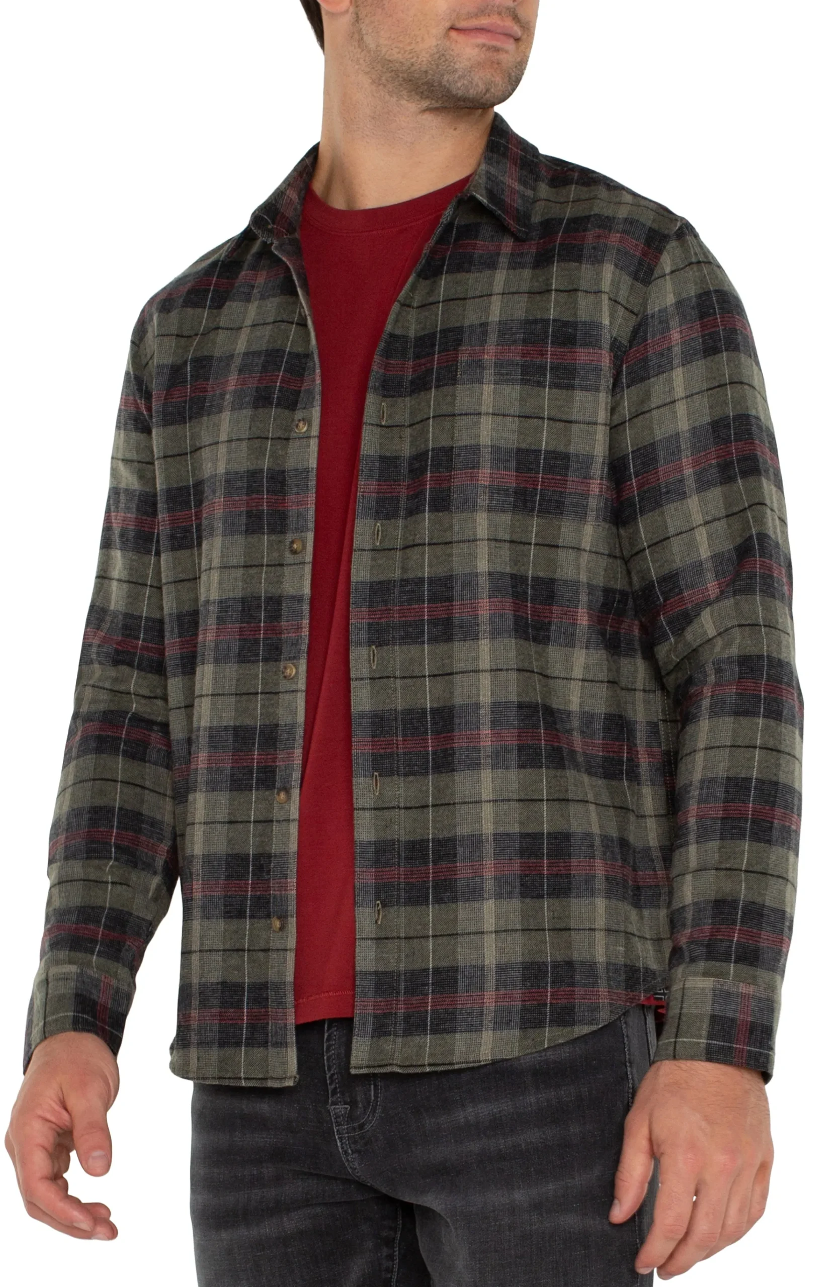 Liverpool Los Angeles Shirts-LONG SLEEVE BUTTON UP SHIRT Oliveblackmulti