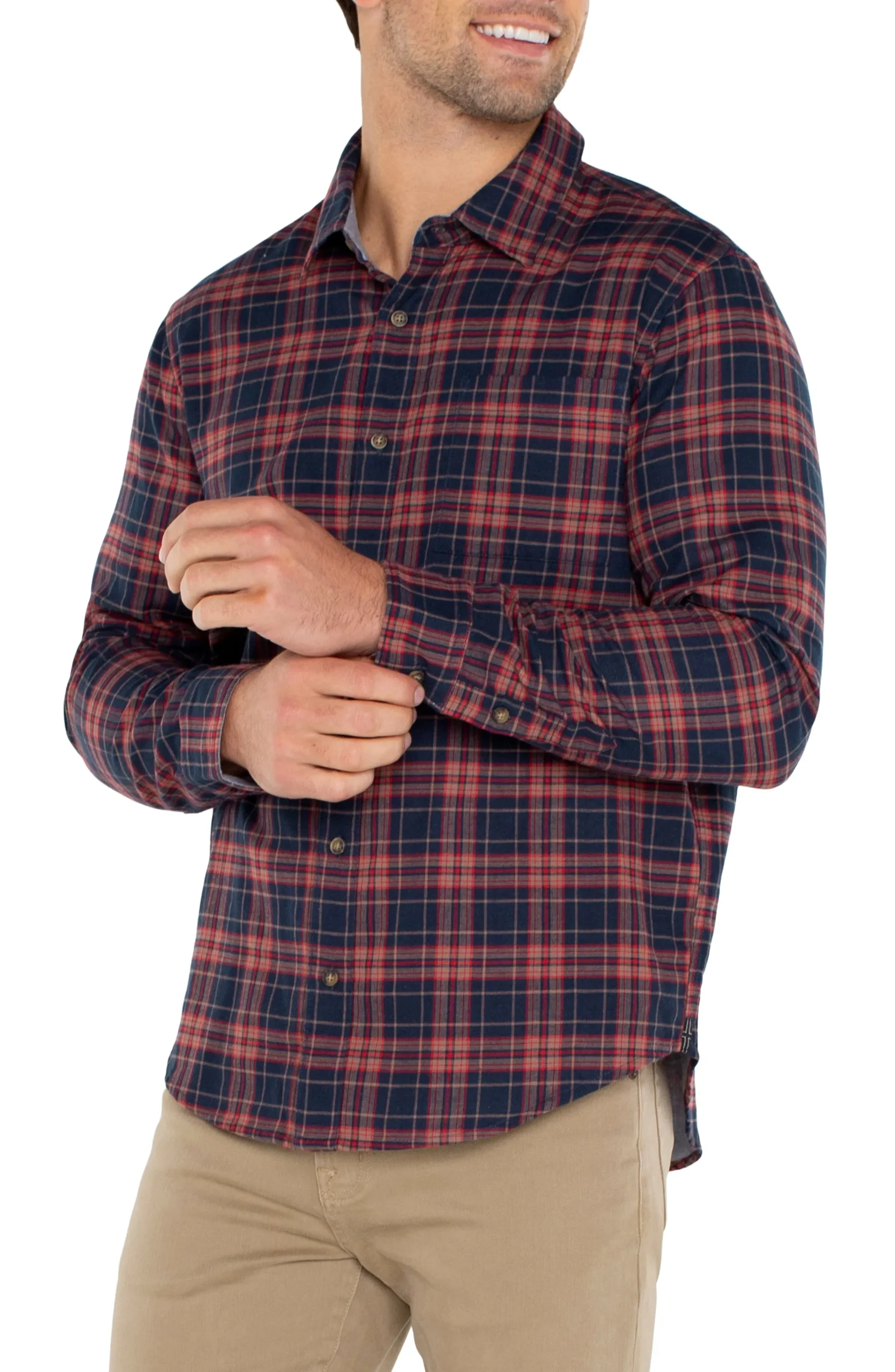 Liverpool Los Angeles Shirts-LONG SLEEVE BUTTON UP SHIRT Navyredmulti