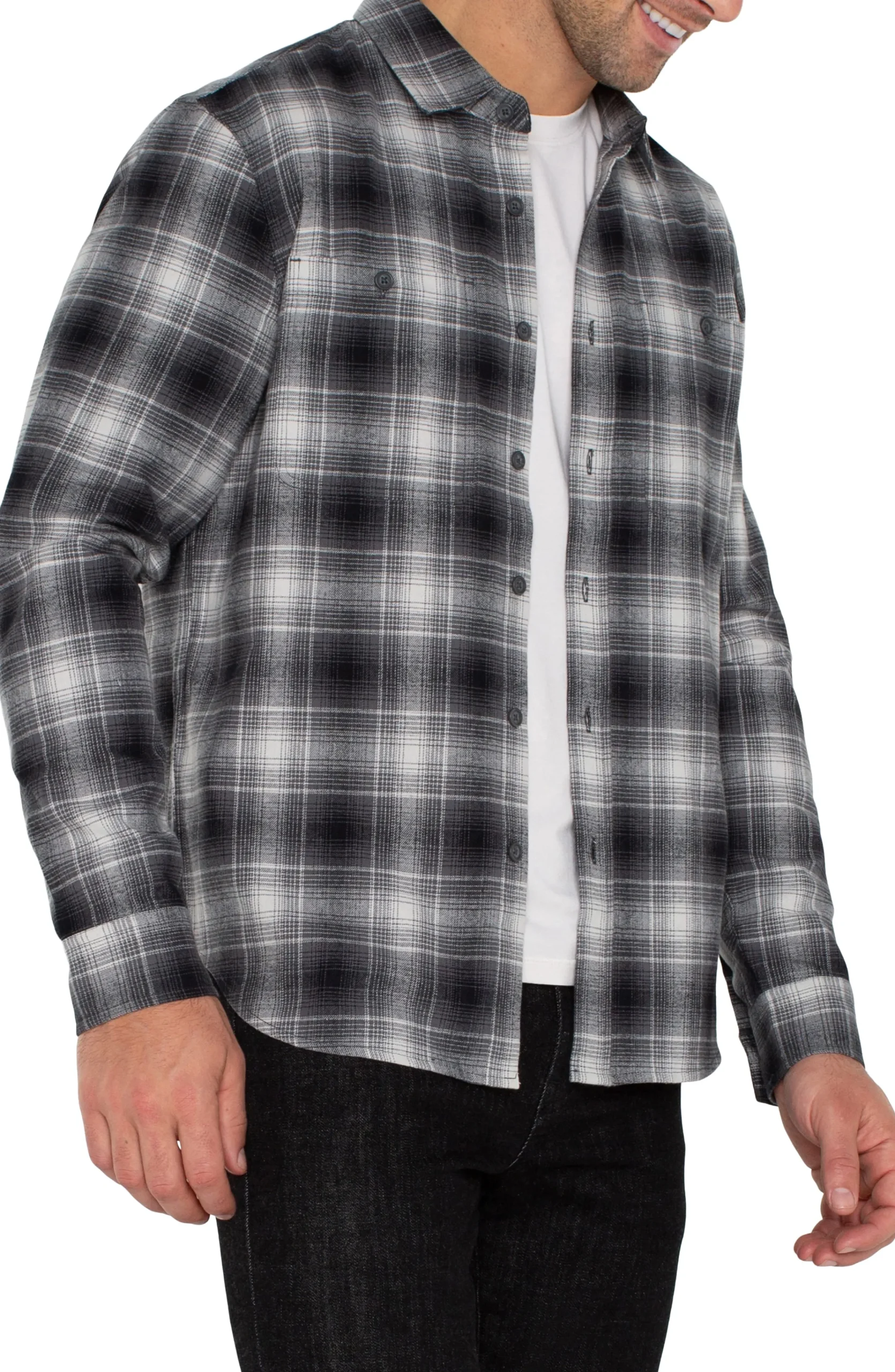 Liverpool Los Angeles Shirts-LONG SLEEVE BUTTON UP SHIRT Greyoffwhiteblack