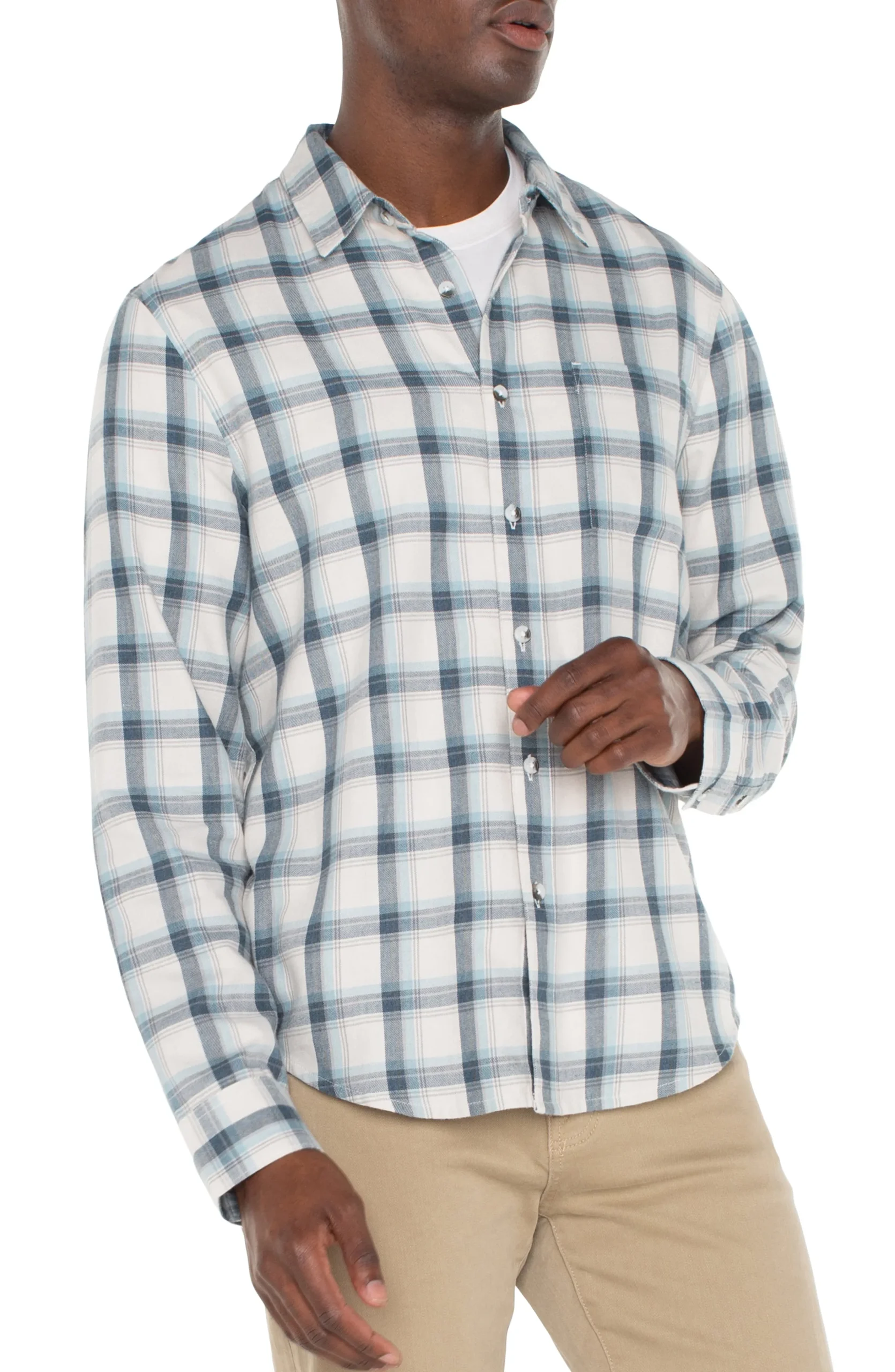 Liverpool Los Angeles Shirts-LONG SLEEVE BUTTON UP SHIRT Puttybluegrey