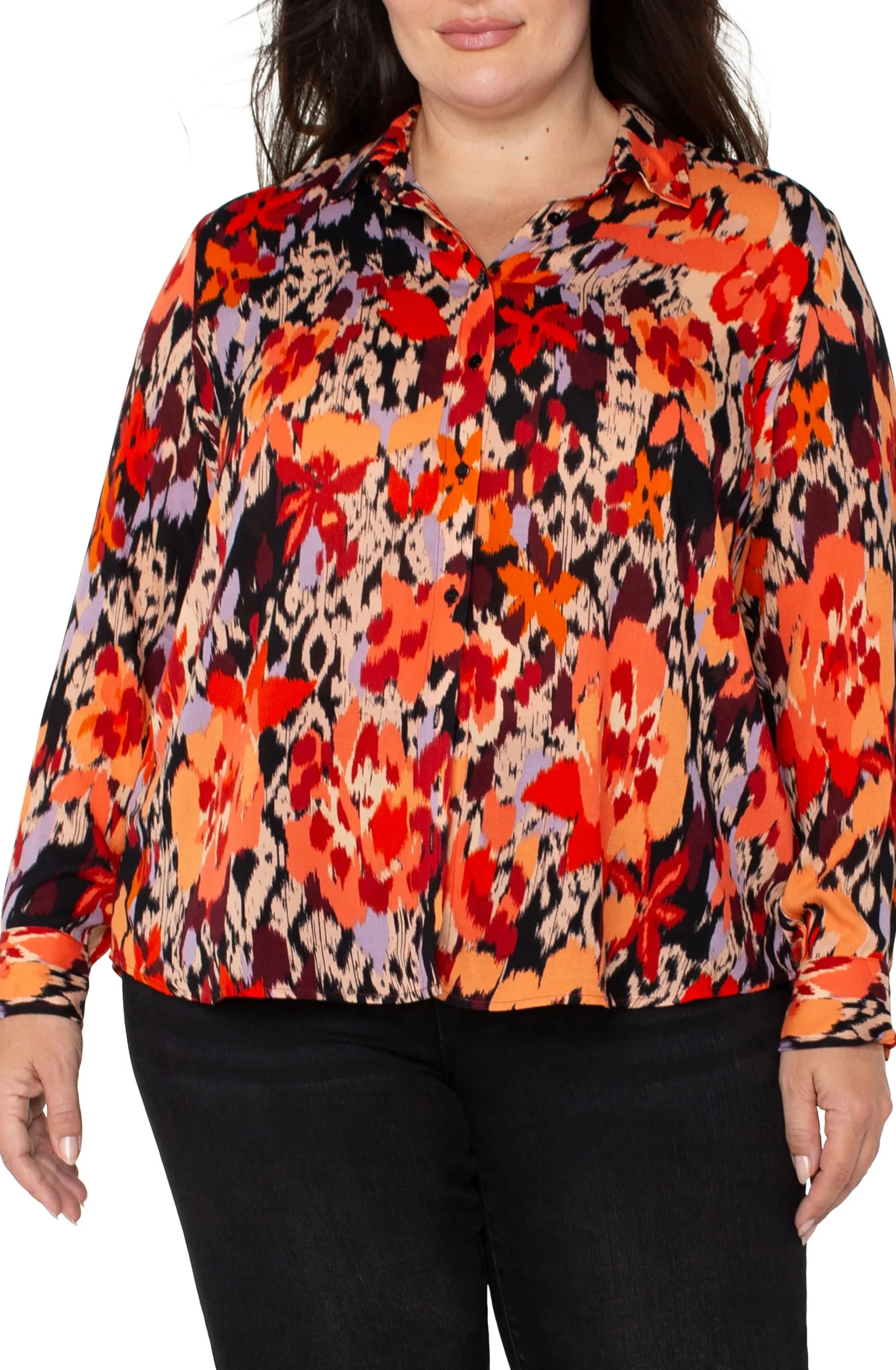 Liverpool Los Angeles Tops-LONG SLEEVE BUTTON UP WOVEN BLOUSE Burntorangefloral