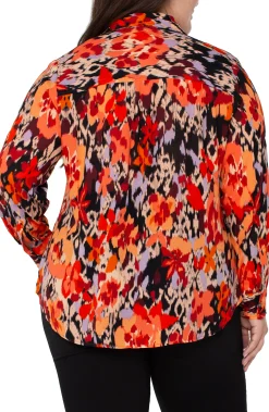 Liverpool Los Angeles Tops-LONG SLEEVE BUTTON UP WOVEN BLOUSE Burntorangefloral