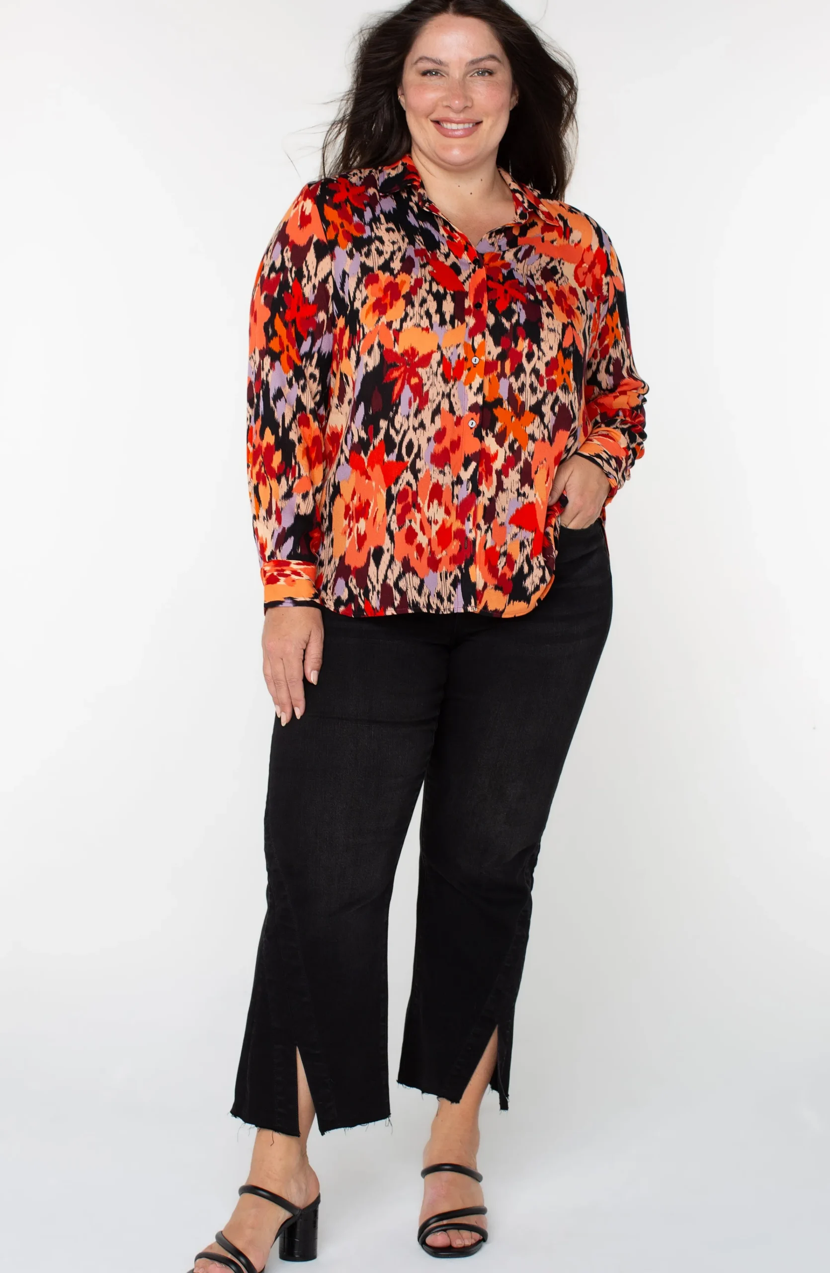 Liverpool Los Angeles Tops-LONG SLEEVE BUTTON UP WOVEN BLOUSE Burntorangefloral