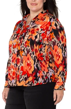 Liverpool Los Angeles Tops-LONG SLEEVE BUTTON UP WOVEN BLOUSE Burntorangefloral