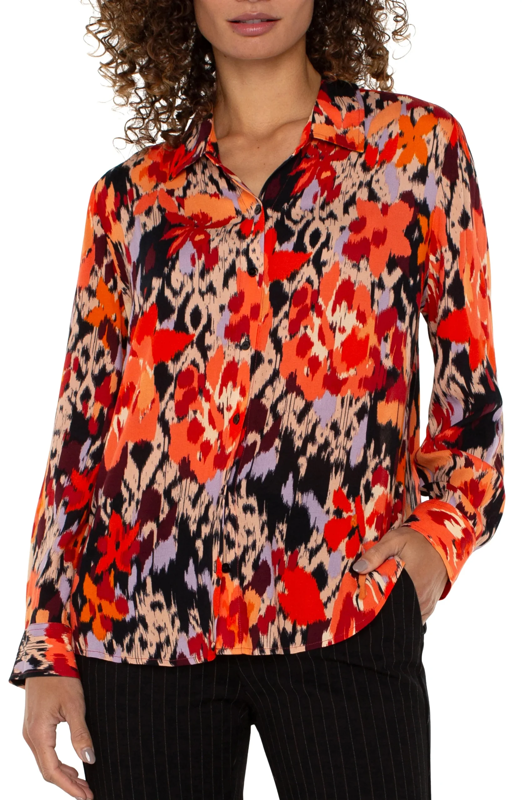 Liverpool Los Angeles Tops-LONG SLEEVE BUTTON UP WOVEN BLOUSE Burntorangefloral