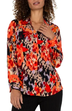 Liverpool Los Angeles Tops-LONG SLEEVE BUTTON UP WOVEN BLOUSE Burntorangefloral