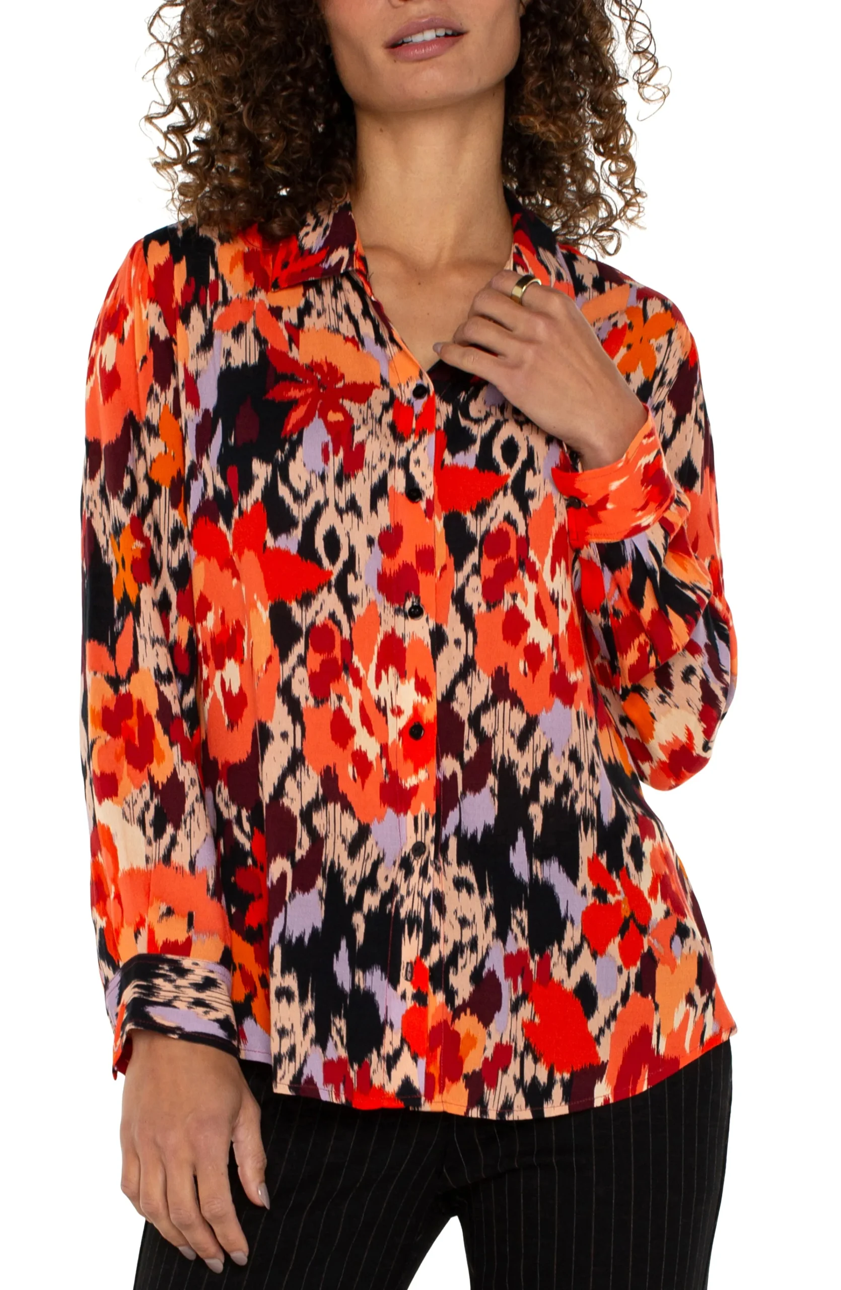 Liverpool Los Angeles Tops-LONG SLEEVE BUTTON UP WOVEN BLOUSE Burntorangefloral