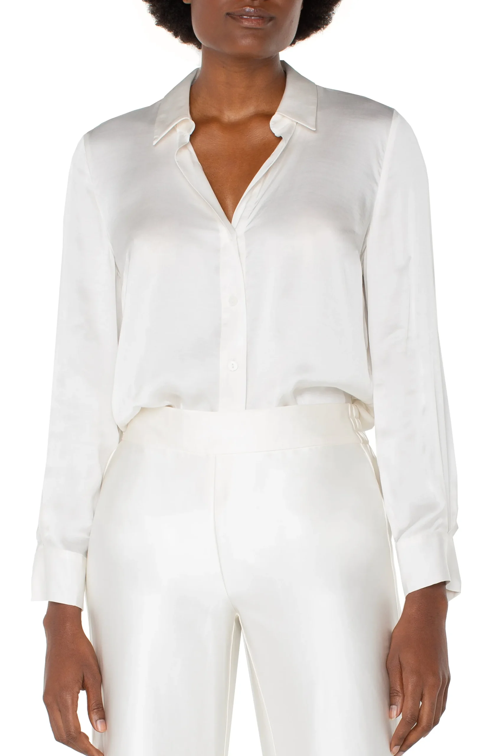 Liverpool Los Angeles Tops-LONG SLEEVE COLLARED BUTTON FRONT WOVEN BLOUSE Whippedcream