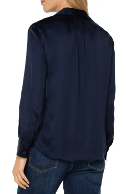 Liverpool Los Angeles Tops-LONG SLEEVE COLLARED BUTTON FRONT WOVEN BLOUSE Darknavy