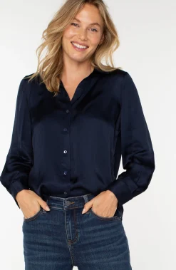 Liverpool Los Angeles Tops-LONG SLEEVE COLLARED BUTTON FRONT WOVEN BLOUSE Darknavy