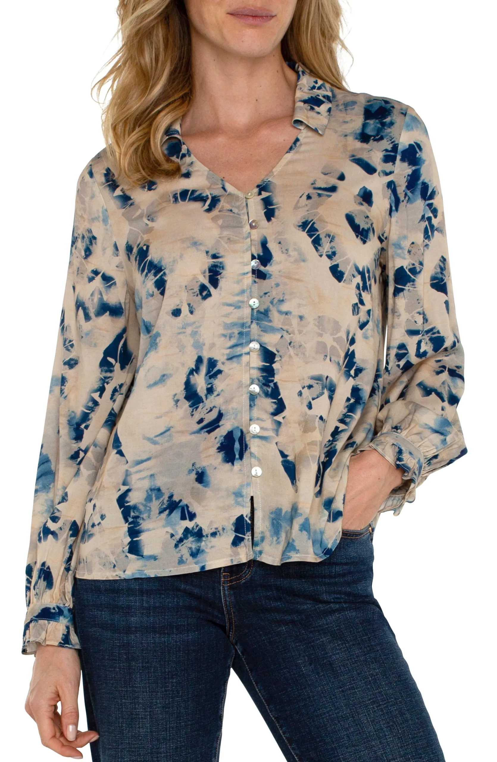 Liverpool Los Angeles Tops-LONG SLEEVE COLLARED BUTTON FRONT WOVEN BLOUSE Lapismulti