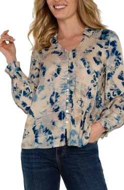 Liverpool Los Angeles Tops-LONG SLEEVE COLLARED BUTTON FRONT WOVEN BLOUSE Lapismulti