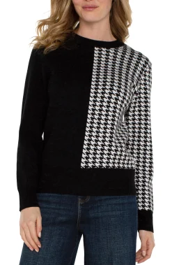 Liverpool Los Angeles Sweaters-LONG SLEEVE CREW NECK SWEATER Blackwhitehoundstooth