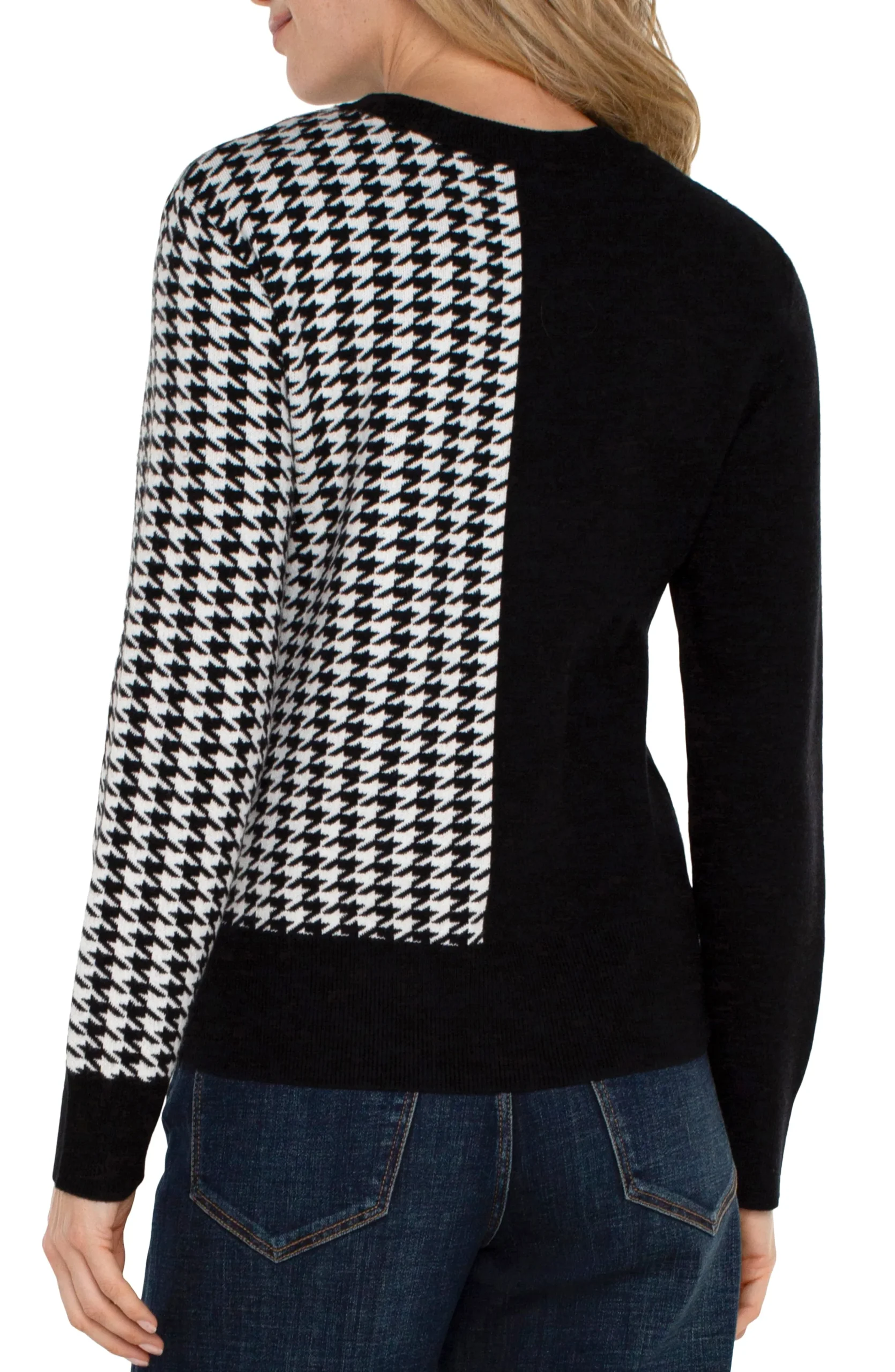 Liverpool Los Angeles Sweaters-LONG SLEEVE CREW NECK SWEATER Blackwhitehoundstooth