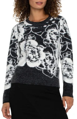 Liverpool Los Angeles Sweaters-LONG SLEEVE CREW NECK SWEATER Blackandwhitefloral