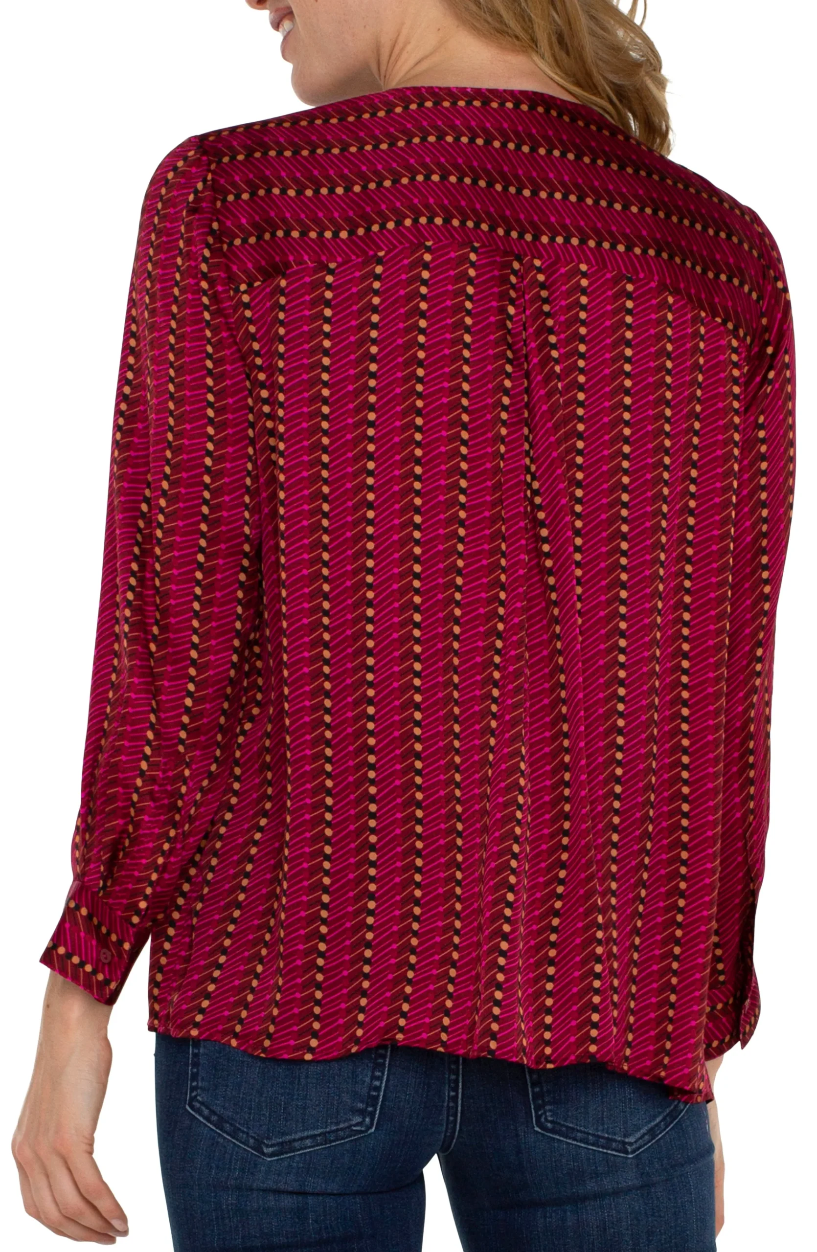 Liverpool Los Angeles Tops-LONG SLEEVE POPOVER WOVEN BLOUSE Rubydottedstripe