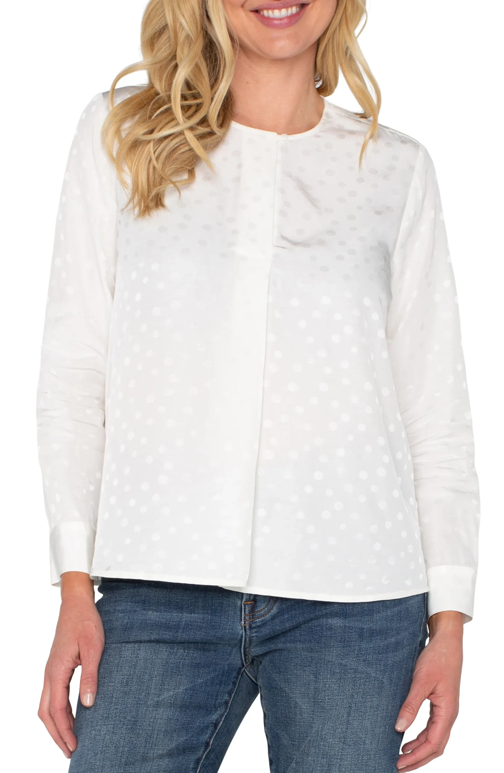 Liverpool Los Angeles Tops-LONG SLEEVE POPOVER WOVEN BLOUSE Porcelaindot