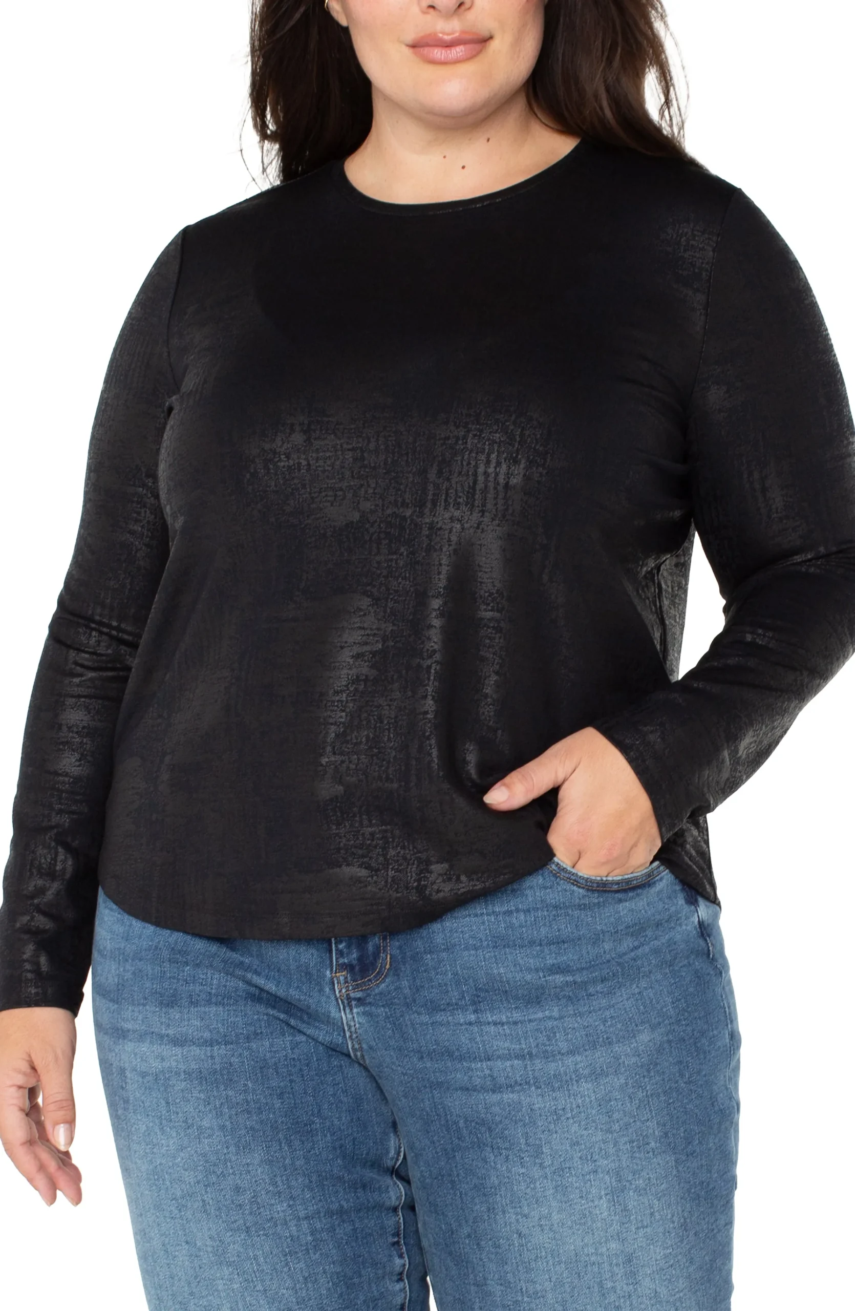 Liverpool Los Angeles Tops-LONG SLEEVE SCOOP NECK KNIT TOP Distressedblack