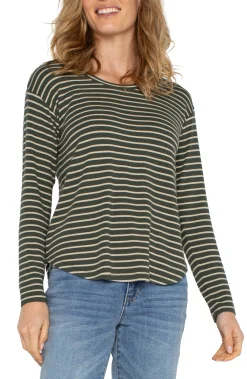 Liverpool Los Angeles Tees-LONG SLEEVE SCOOP NECK TOP Mossgreenstripe