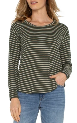 Liverpool Los Angeles Tees-LONG SLEEVE SCOOP NECK TOP Mossgreenstripe