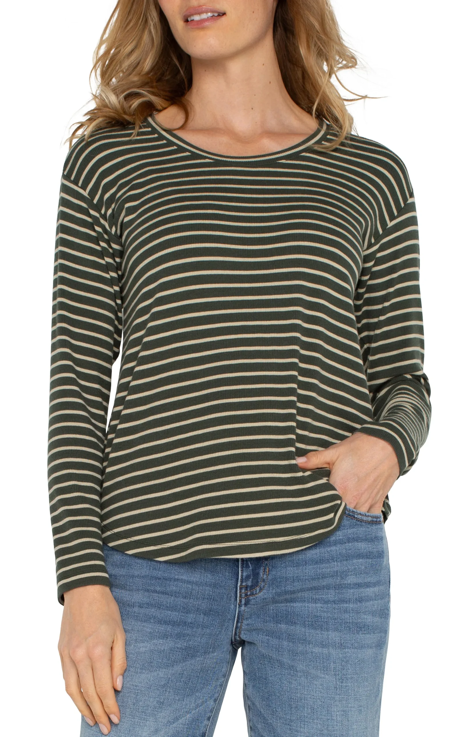Liverpool Los Angeles Tees-LONG SLEEVE SCOOP NECK TOP Mossgreenstripe