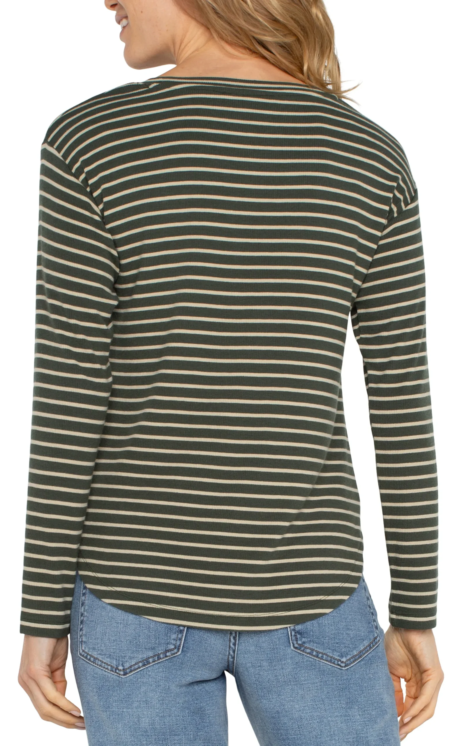 Liverpool Los Angeles Tees-LONG SLEEVE SCOOP NECK TOP Mossgreenstripe