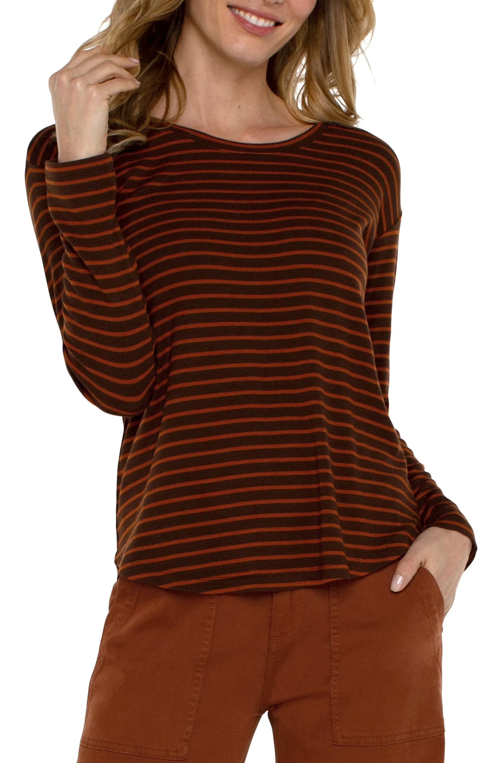 Liverpool Los Angeles Tees-LONG SLEEVE SCOOP NECK TOP Turmericstripe
