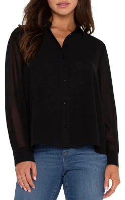 Liverpool Los Angeles Tops-LONG SLEEVE SHIRT WITH PLEAT BACK Black