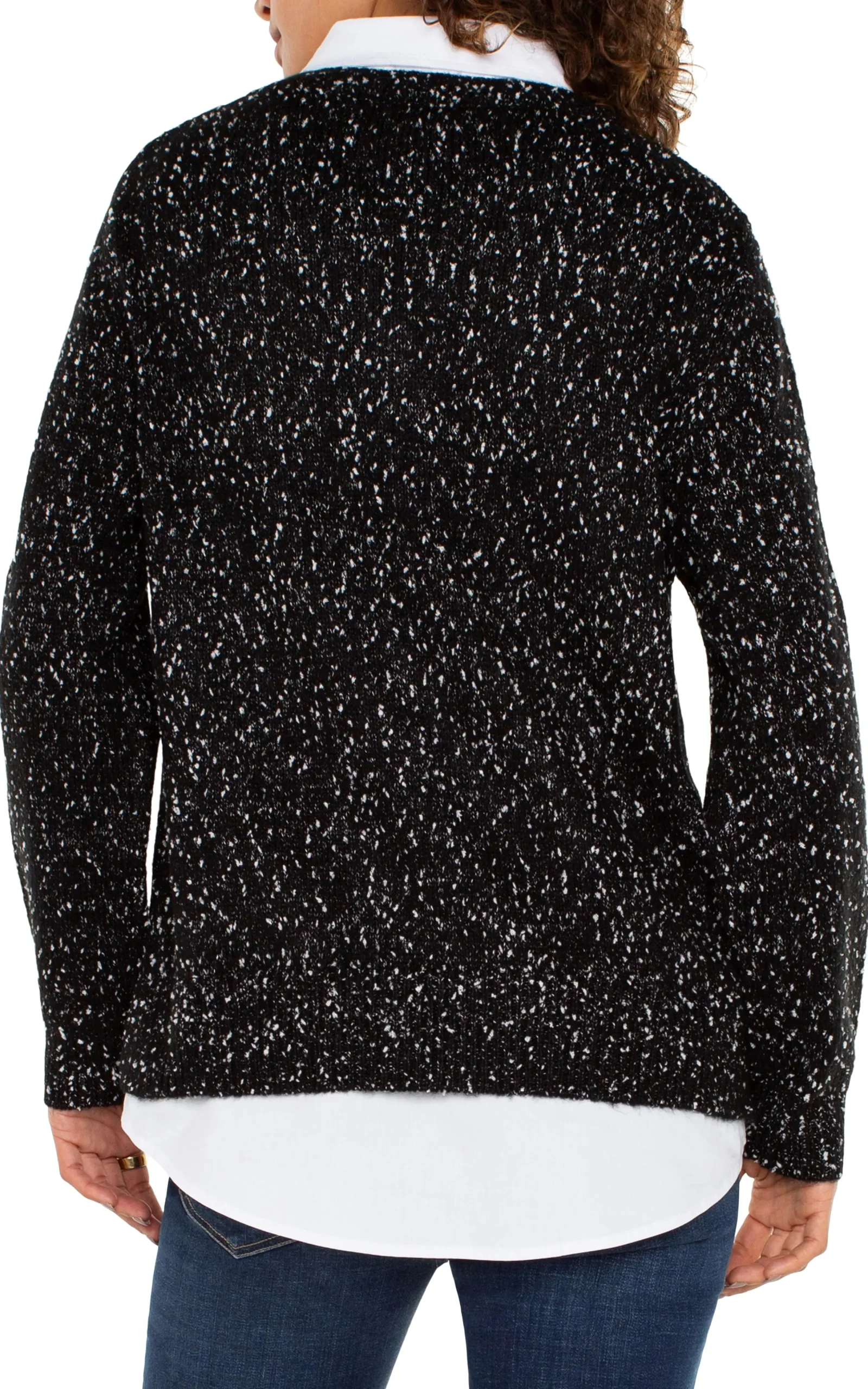 Liverpool Los Angeles Sweaters|Tees-LONG SLEEVE TWOFER COLLARED SWEATER Blackwithwhiteflecks