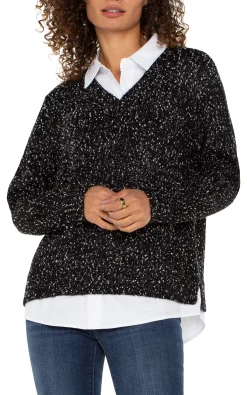Liverpool Los Angeles Sweaters|Tees-LONG SLEEVE TWOFER COLLARED SWEATER Blackwithwhiteflecks