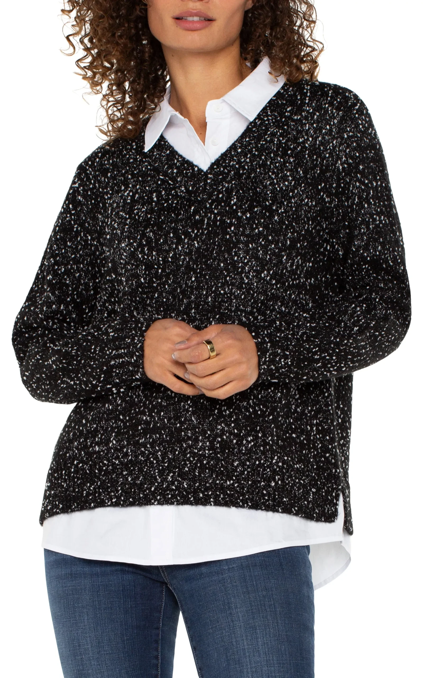 Liverpool Los Angeles Sweaters|Tees-LONG SLEEVE TWOFER COLLARED SWEATER Blackwithwhiteflecks