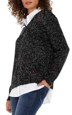 Liverpool Los Angeles Sweaters|Tees-LONG SLEEVE TWOFER COLLARED SWEATER Blackwithwhiteflecks