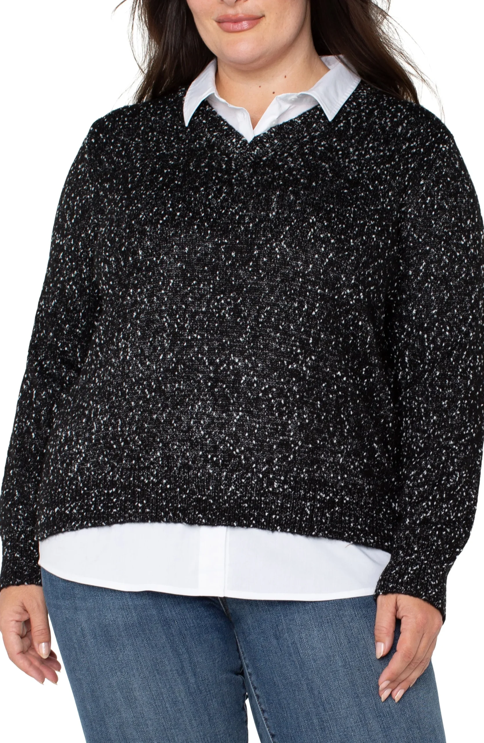 Liverpool Los Angeles Tops-LONG SLEEVE TWOFER COLLARED SWEATER Blackwithwhiteflecks