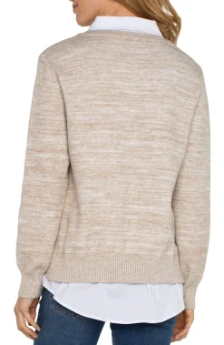 Liverpool Los Angeles Sweaters-LONG SLEEVE TWOFER COLLARED SWEATER Lightoatmealmelange