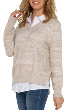 Liverpool Los Angeles Sweaters-LONG SLEEVE TWOFER COLLARED SWEATER Lightoatmealmelange