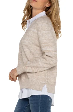 Liverpool Los Angeles Sweaters-LONG SLEEVE TWOFER COLLARED SWEATER Lightoatmealmelange