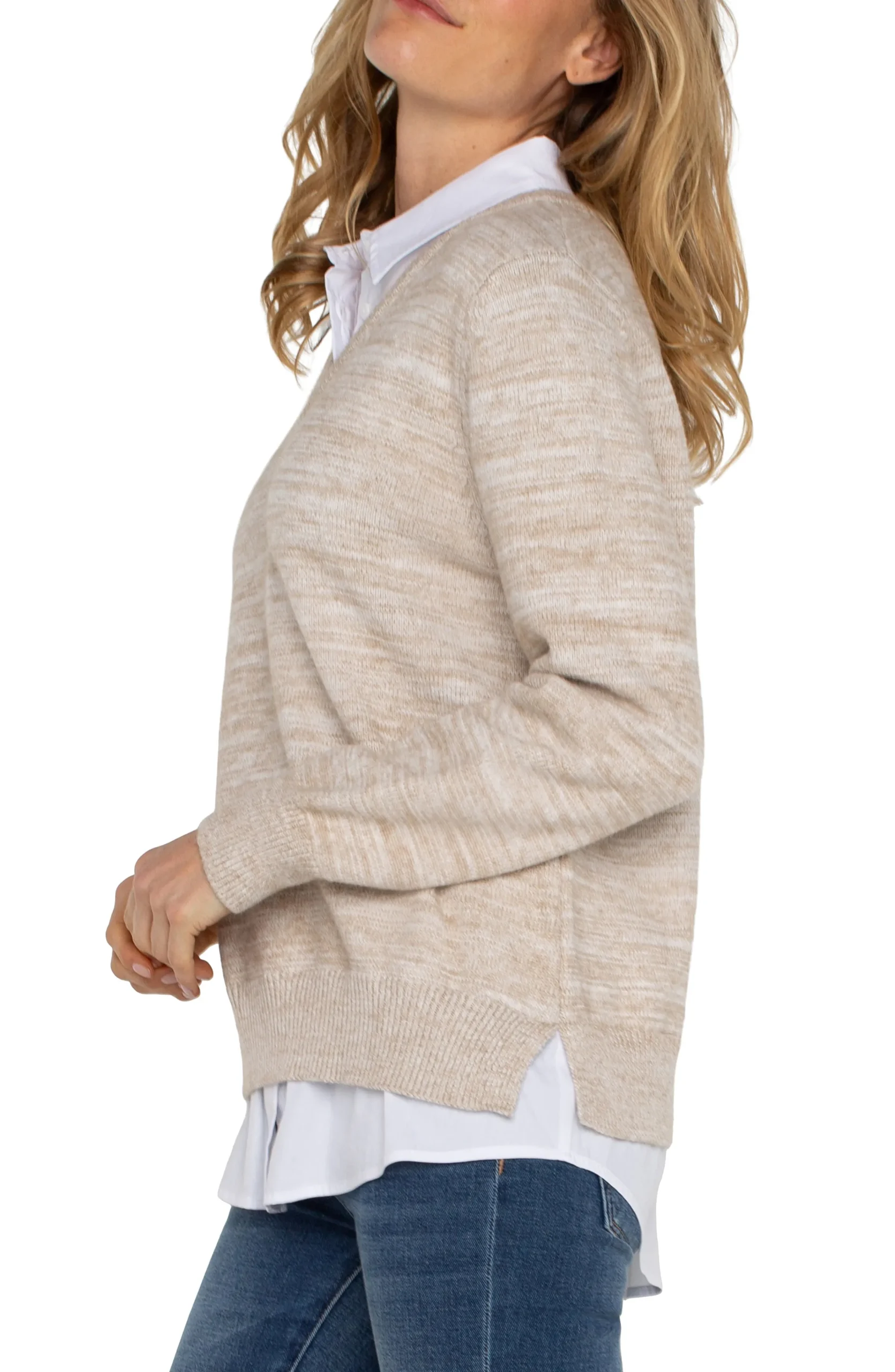 Liverpool Los Angeles Sweaters-LONG SLEEVE TWOFER COLLARED SWEATER Lightoatmealmelange