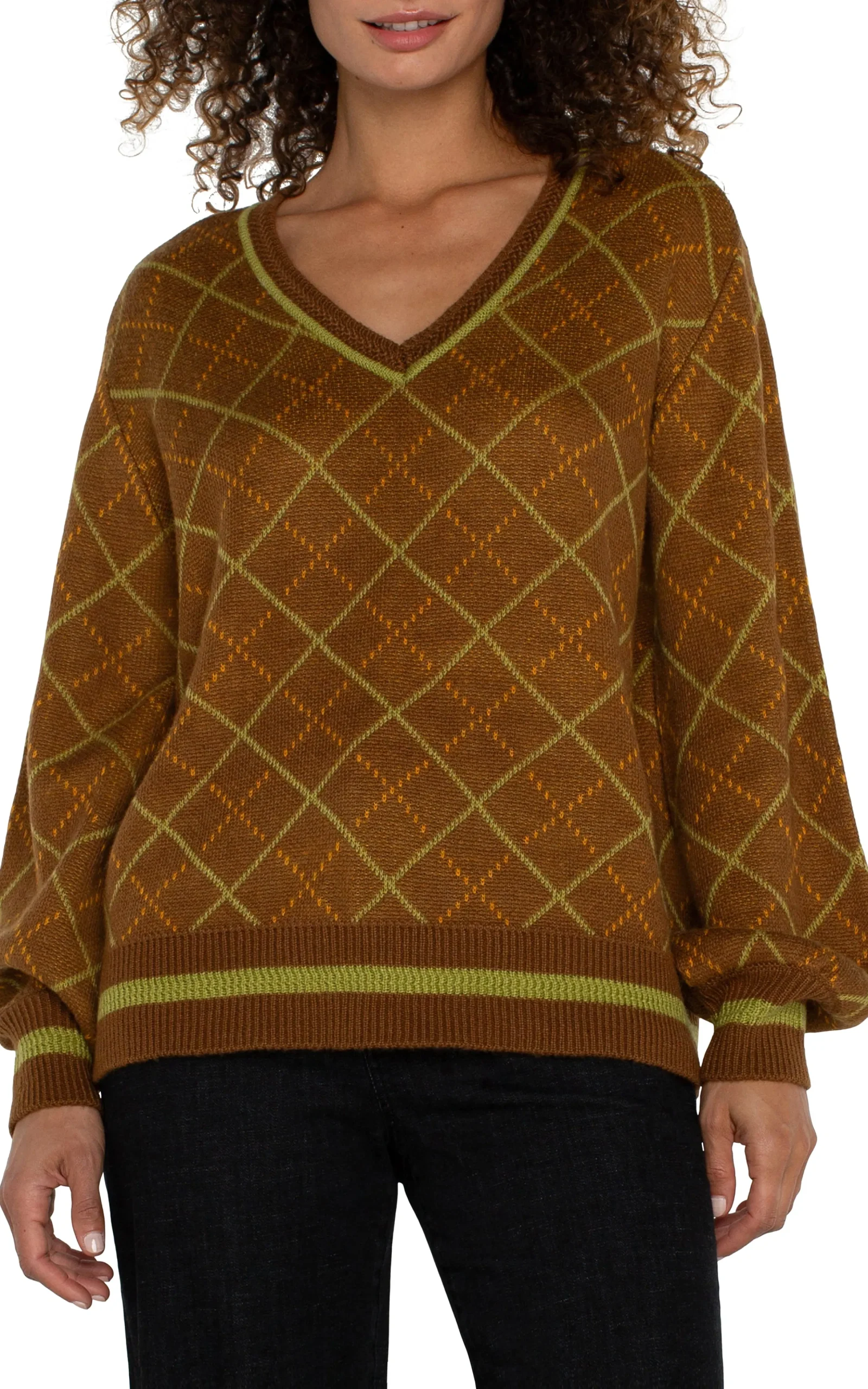Liverpool Los Angeles Sweaters|Tees-LONG SLEEVE V NECK SWEATER Caramelmulti