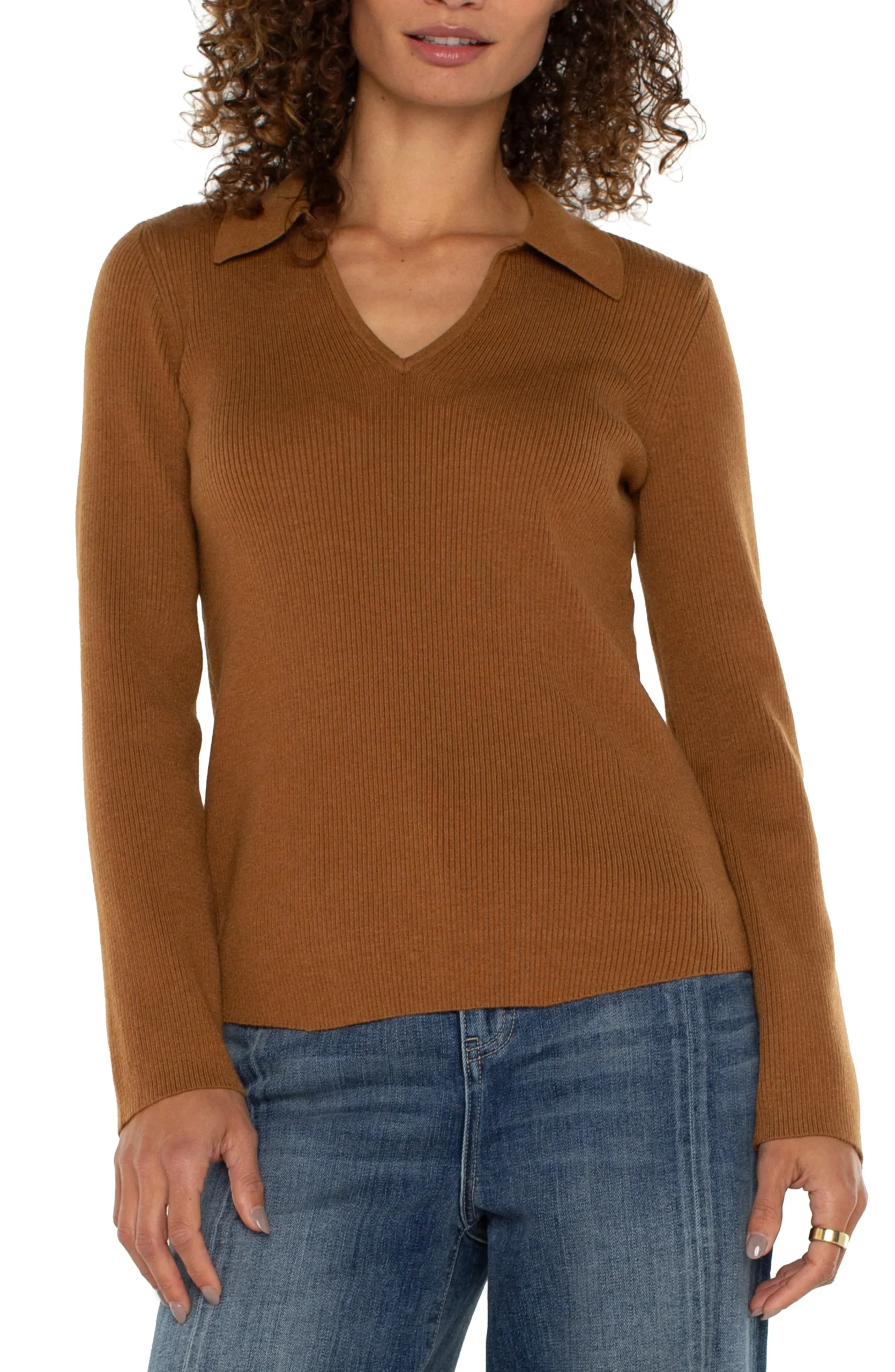 Liverpool Los Angeles Tees|Sweaters-LONG SLEEVE V-NECK COLLARED SWEATER Turmeric