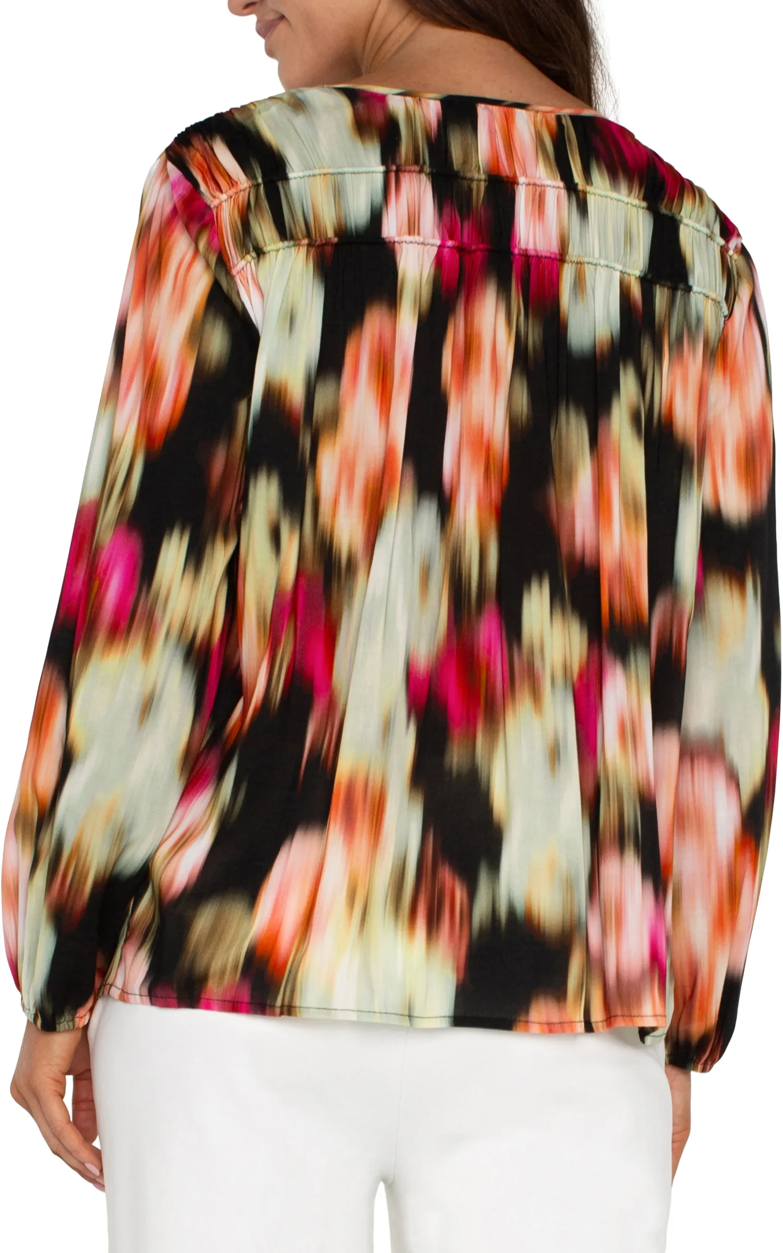 Liverpool Los Angeles Tops-LONG SLEEVE V-NECK SHIRRED WOVEN BLOUSE Starrubyfloral