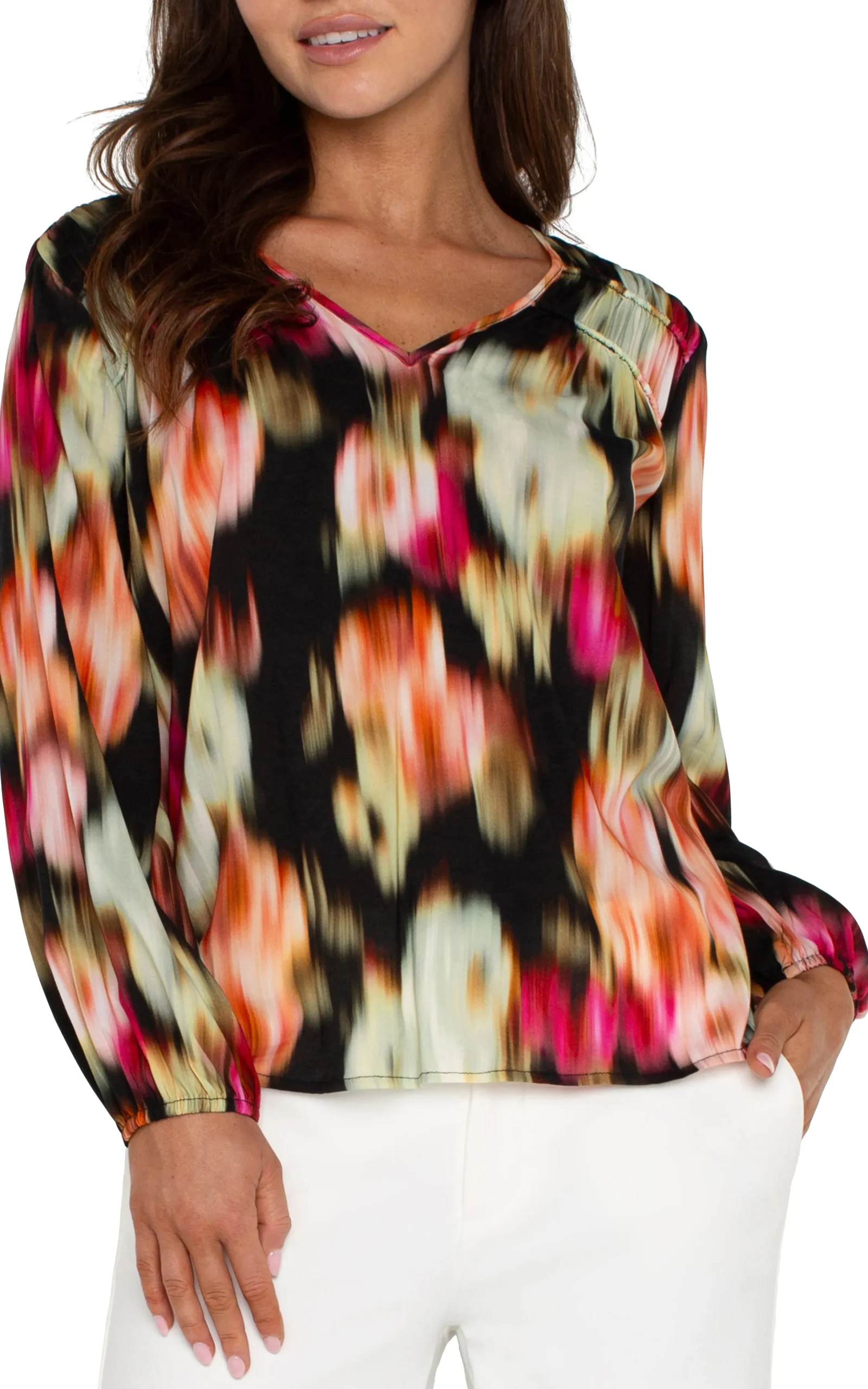 Liverpool Los Angeles Tops-LONG SLEEVE V-NECK SHIRRED WOVEN BLOUSE Starrubyfloral