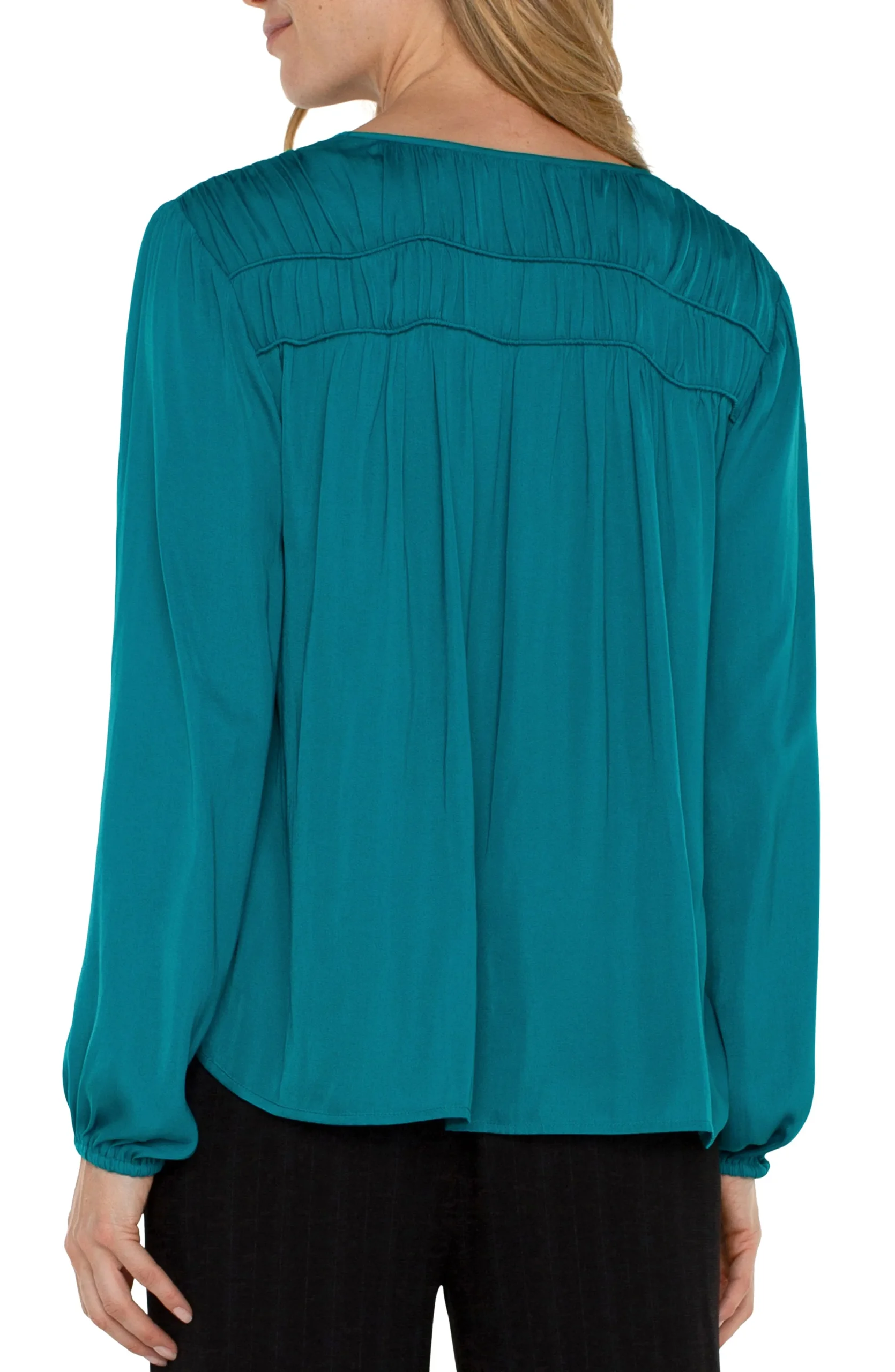 Liverpool Los Angeles Tops-LONG SLEEVE V-NECK WOVEN BLOUSE Malachite
