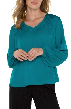 Liverpool Los Angeles Tops-LONG SLEEVE V-NECK WOVEN BLOUSE Malachite