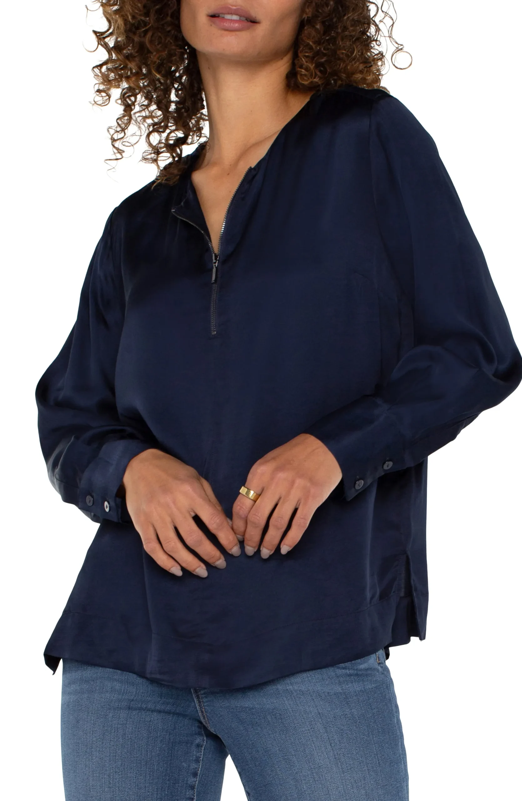 Liverpool Los Angeles Tops-LONG SLEEVE WOVEN TOP WITH ZIP FRONT Darknavy