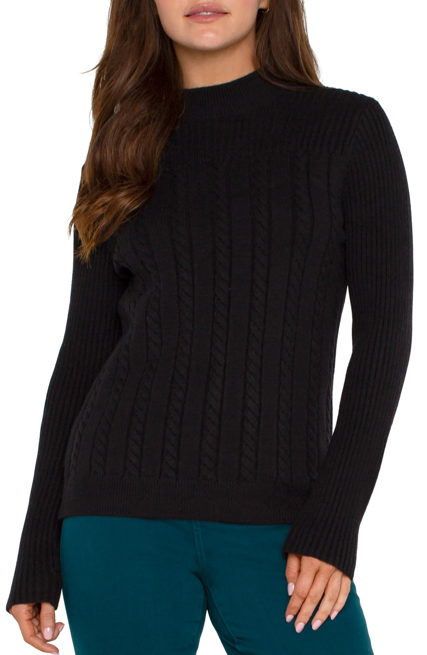 Liverpool Los Angeles Tees|Sweaters-MOCK NECK CABLE SWEATER Black